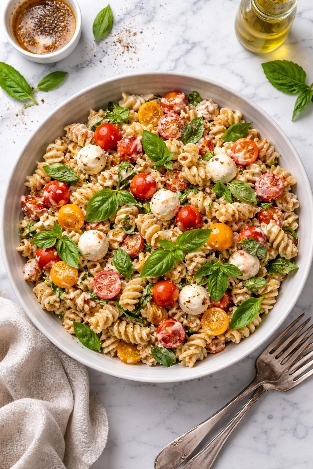An overheard picture view of a plate of Creamy Balsamic Caprese Pasta Salad   sitting on a marble countertop table in the kitchen, professional food photography style.
