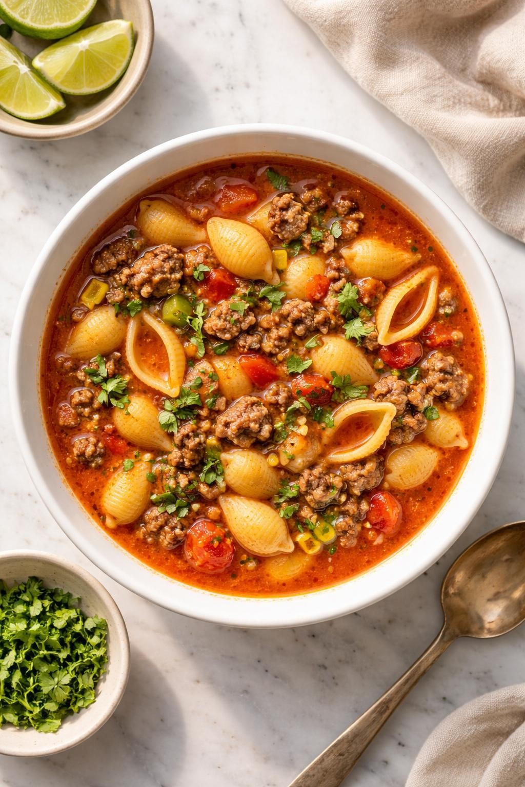 Image Prompt: Realistic top-down editorial food photography of Mexican sopita with ground beef in a white bowl on a clean marble countertop, shell pasta in red tomato broth with browned ground beef and soft vegetables, warm natural light, cozy homemade dinner feel, no people, no hands, no text, no watermarks, no props with writing.