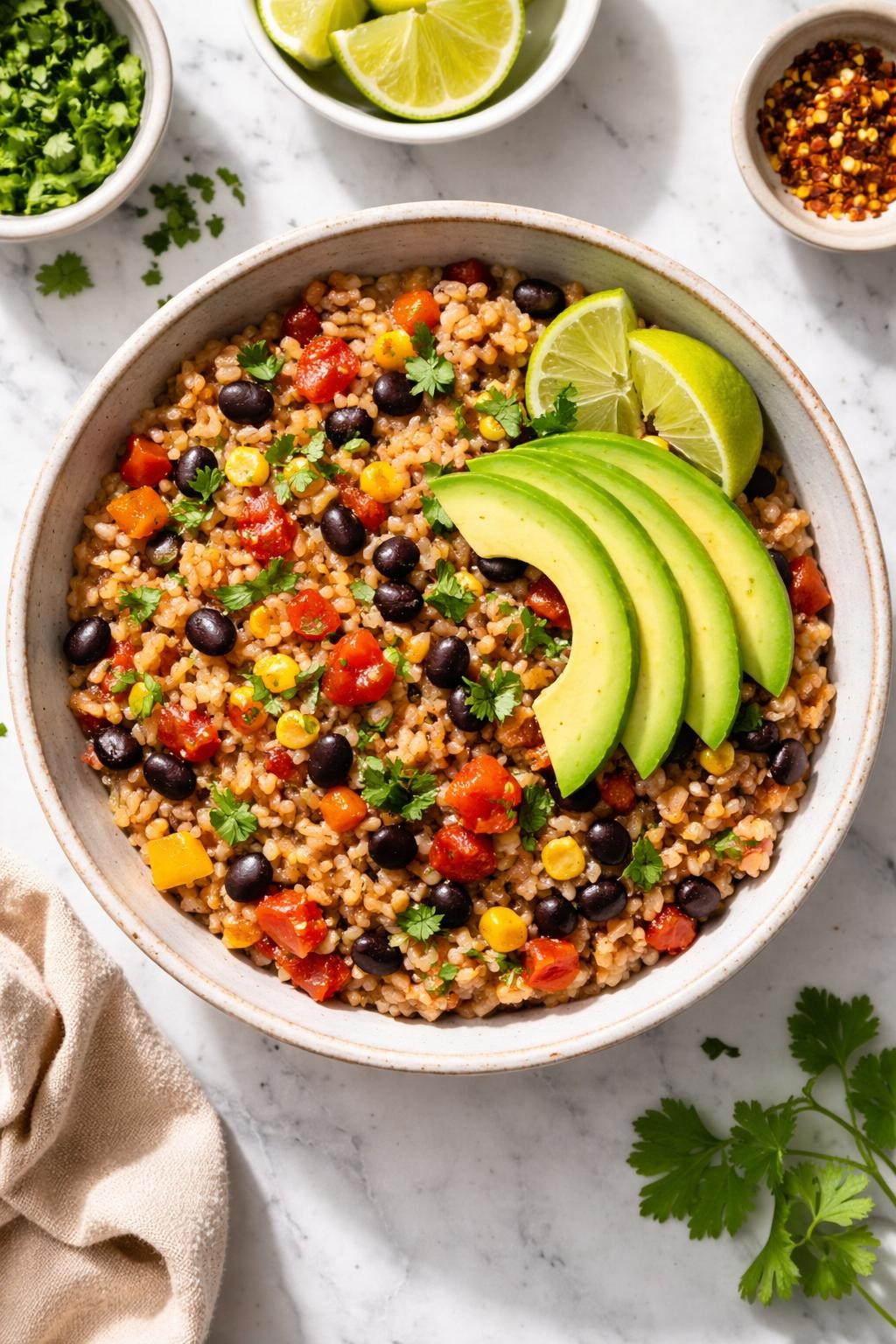 Image Prompt: Realistic top-down editorial food photography of a bowl of Instant Pot vegan rice and beans on a white marble countertop, filled with fluffy rice, black beans, diced tomatoes, bell peppers, and herbs, topped with avocado slices and lime wedges, easy homemade meal styling, bright natural daylight, soft shadows, clean editorial composition, high detail, realistic texture, no people, no hands, no text, no watermarks, no props with writing.