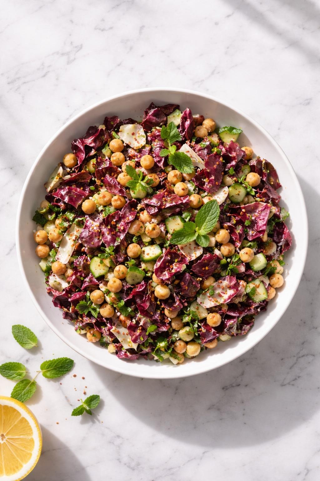 Image Prompt: Realistic top-down editorial food photography of a radicchio salad with chickpeas in a shallow white bowl on a clean marble countertop, chopped radicchio with chickpeas, cucumber, parsley, mint, and lemon olive oil dressing, bright natural light, soft shadows, realistic food textures, clean editorial styling, no people, no hands, no text, no watermarks, no props with writing.