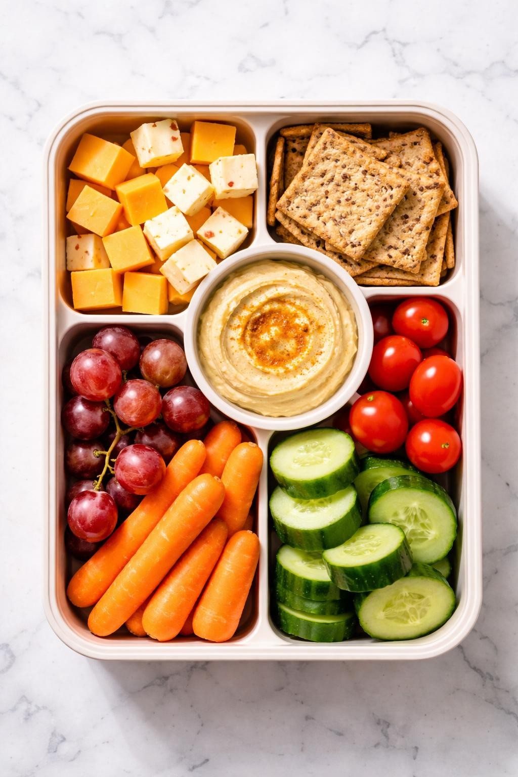 Photo prompt: Realistic top-down editorial food photography of a bento-style lunch box with compartments: cubed cheddar and pepper jack cheese, whole-grain crackers, baby carrots, cucumber slices, cherry tomatoes, and a small container of hummus. A few grapes in a corner. Bright natural light, no-cook lunch box idea mood, no people, no hands, no text, no watermarks, no props with writing.