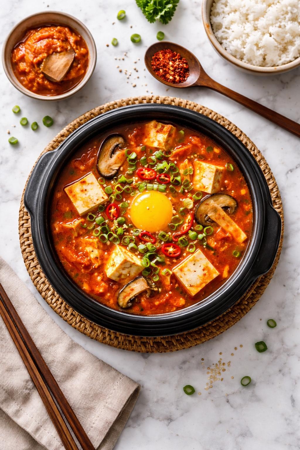 An overheard picture view of a plate of Spicy Kimchi Tofu Soup (Soondubu Jjigae) sitting on a marble countertop table in the kitchen, professional food photography style.
