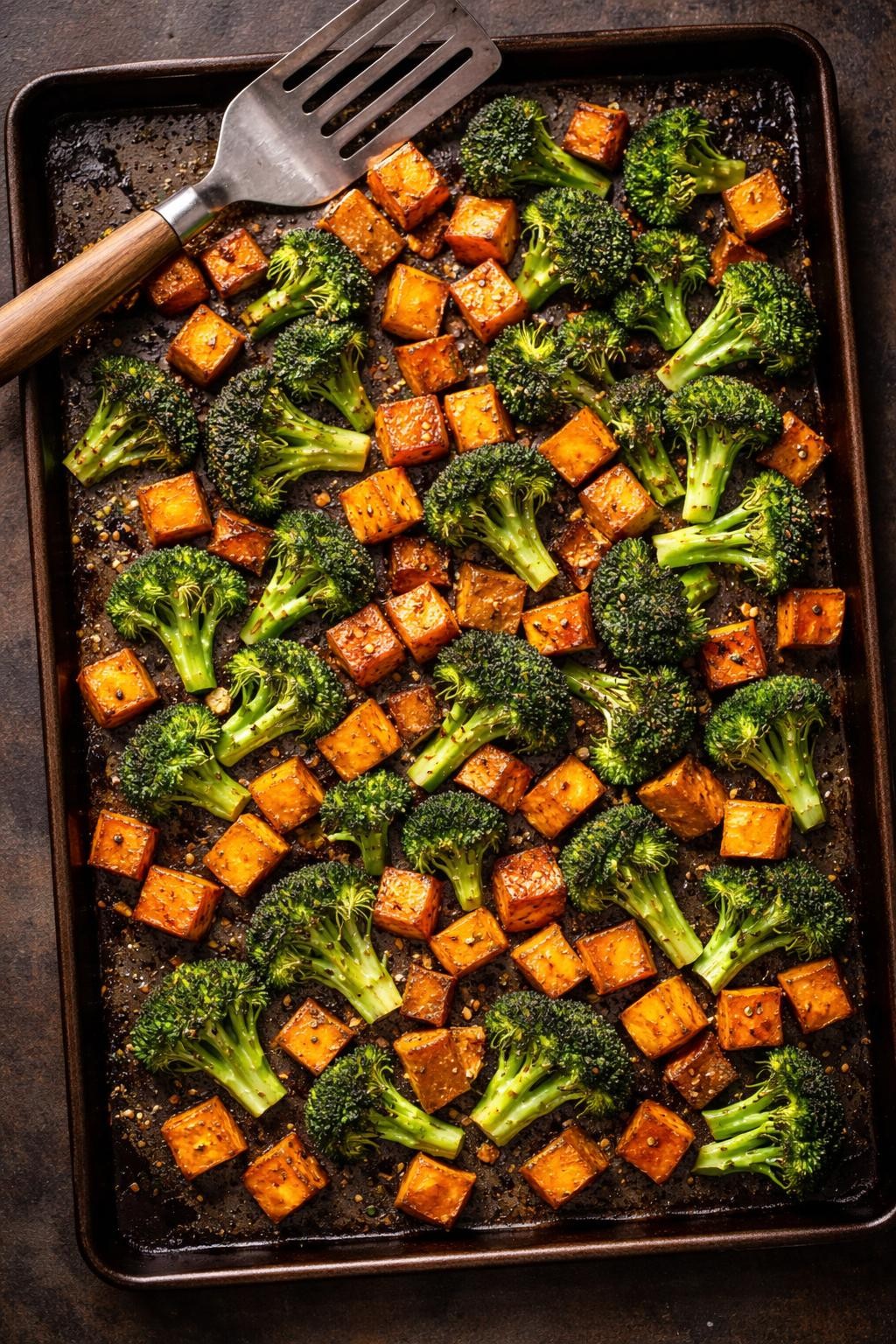 "Realistic top-down food photography of a large sheet pan filled with roasted sweet potato cubes and broccoli florets on a dark metal surface. The vegetables are caramelized and slightly charred at the edges, with a light dusting of salt and black pepper. A spatula resting on the corner. Warm golden light, easy veggie side prep for bowls and lunches, no people, no hands, no text, no watermarks."