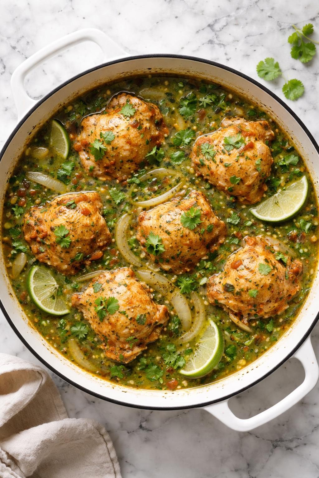 Image Prompt: Realistic top-down editorial food photography of salsa verde chicken thighs in a white skillet on a clean white and gray marble countertop, tender chicken thighs simmered in green salsa with onions and cilantro, cozy homemade Mexican dinner styling, bright natural window light, no people, no hands, no text, no watermarks, no props with writing.