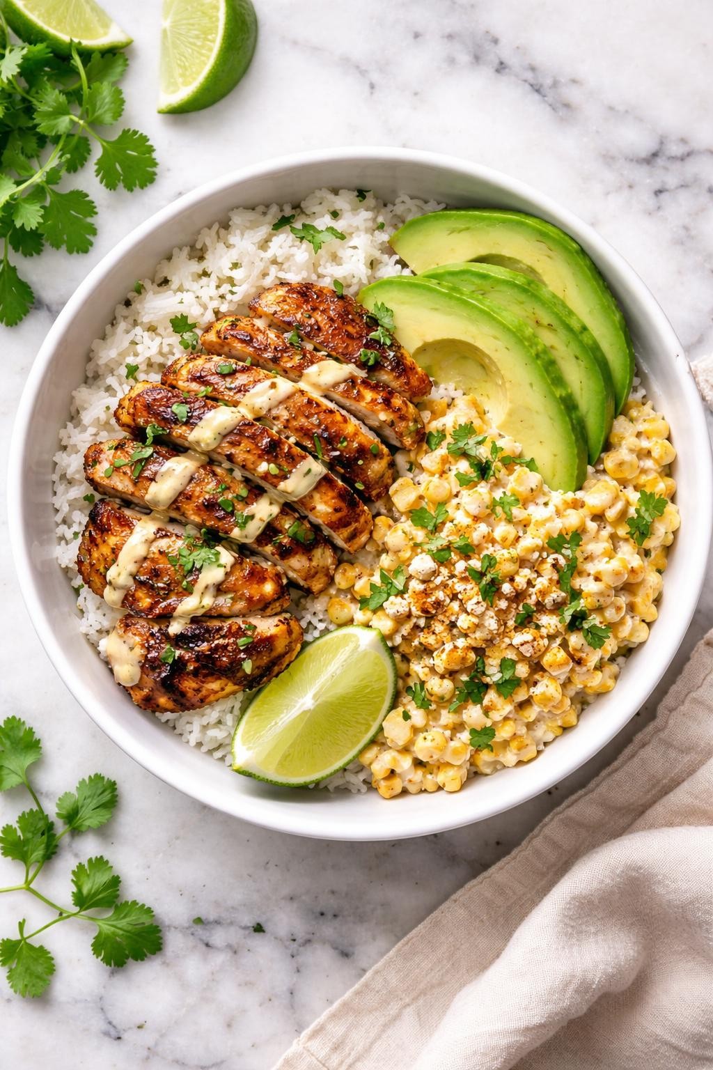 Image Prompt: Realistic top-down editorial food photography of a Mexican chicken thigh street corn bowl in a white bowl on a clean marble countertop, sliced chicken thighs served with rice, creamy corn, avocado, lime, and cilantro, bright homemade dinner styling, natural daylight, no people, no hands, no text, no watermarks, no props with writing.