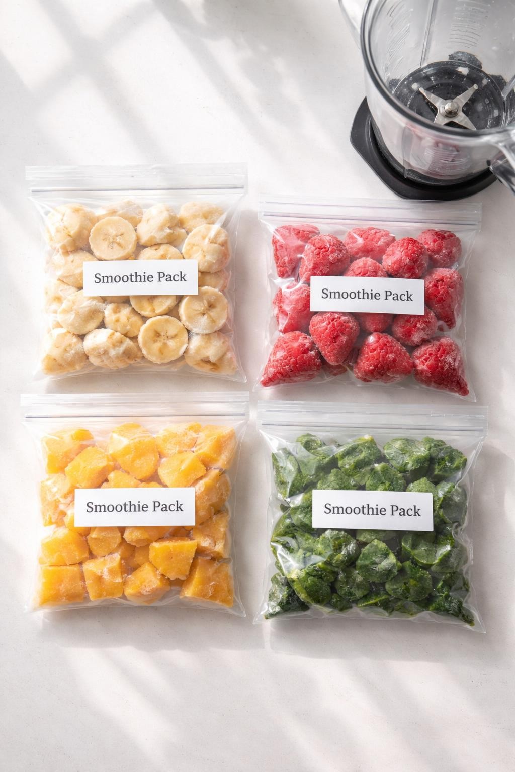 "Realistic top-down food photography of four small freezer bags laid out on a white countertop. Each bag contains frozen fruit: banana slices, strawberries, mango chunks, and spinach. A label on each bag says'Smoothie Pack.' A blender pitcher next to the bags. Bright morning light, smart freezer prep for quick breakfasts, no people, no hands, no text, no watermarks."