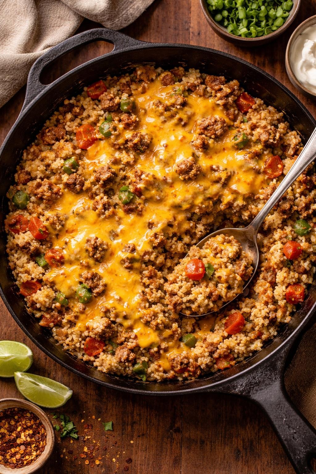 Prompt: Realistic top-down editorial food photography of a cast iron skillet filled with cheesy ground beef and rice, the rice creamy and studded with ground beef, diced tomatoes, and green peppers, topped with melted cheddar cheese. A spoon rests in the skillet. Warm kitchen light, one-pan comfort food, no people, no hands, no text, no watermarks, no props with writing.