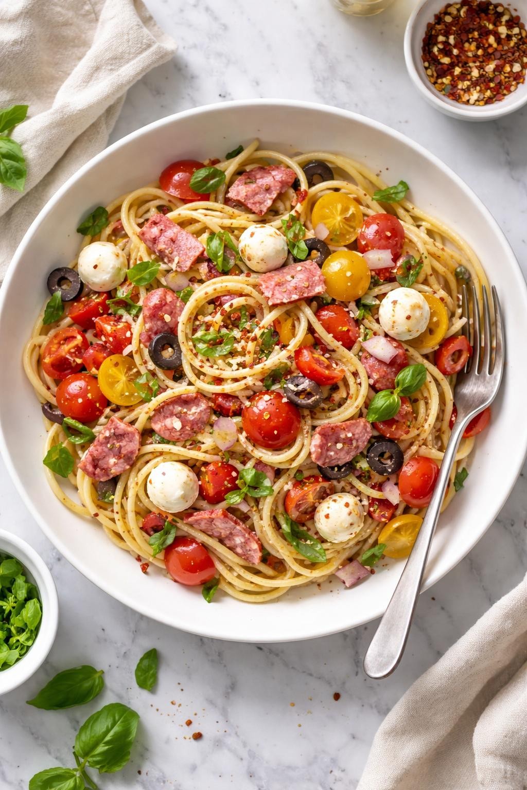 An overheard picture view of a plate of Spaghetti Salad with Salami and Mozzarella   sitting on a marble countertop table in the kitchen, professional food photography style.
