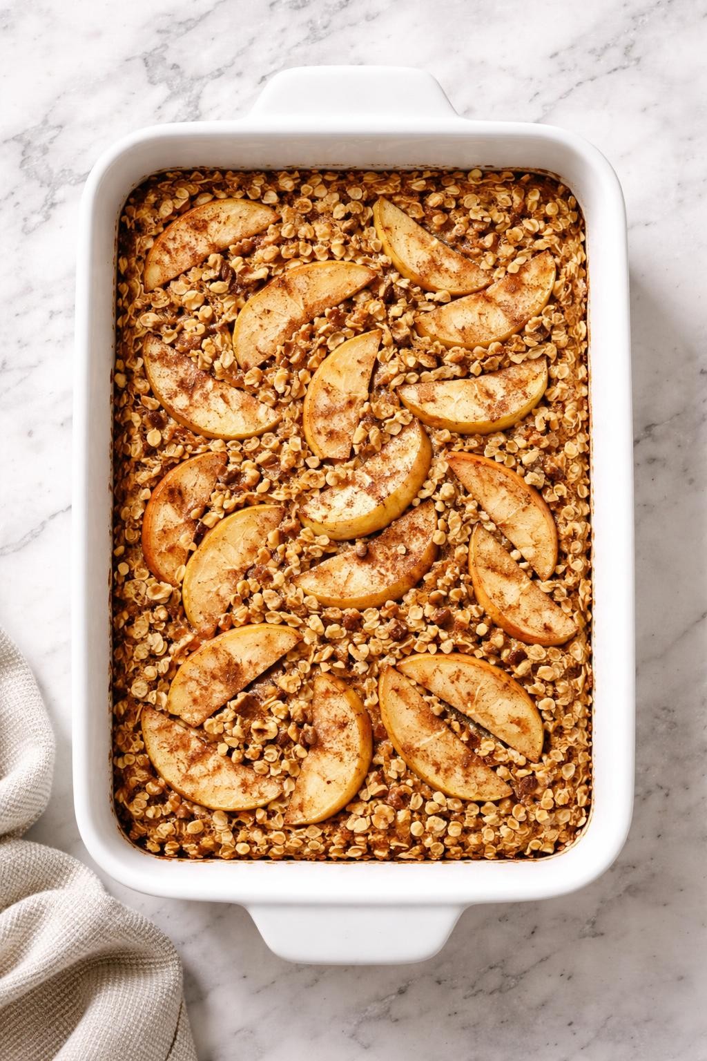 Image Prompt: Top-down realistic editorial food photography of baked oatmeal with apples in a white baking dish on a clean white and gray marble countertop, golden oat bake with soft apple slices, cinnamon, and chopped walnuts, cozy homemade oil-free vegan breakfast styling, bright natural light, soft shadows, high detail, no people, no hands, no text, no watermarks, no props with writing.