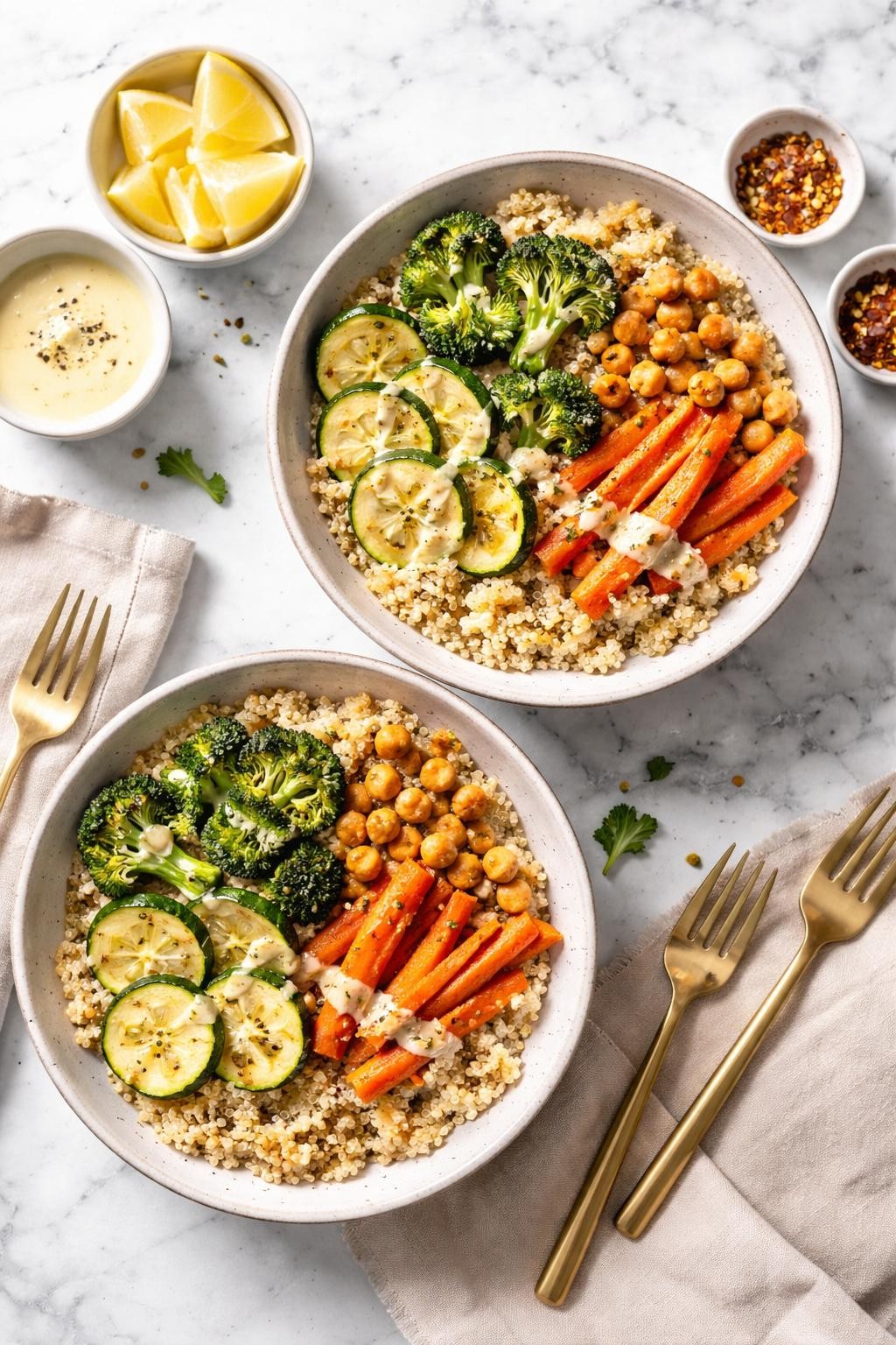 Image Prompt: Top-down realistic editorial food photography of roasted vegetable quinoa bowls on a clean white and gray marble countertop, fluffy quinoa topped with roasted zucchini, carrots, broccoli, chickpeas, and a light lemon drizzle, colorful homemade whole food vegan dinner styling, bright natural light, soft shadows, high detail, no people, no hands, no text, no watermarks, no props with writing.