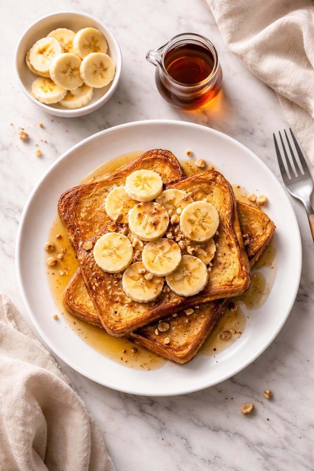 Image Prompt: Realistic top-down editorial food photography of vegan banana French toast on a white plate over a white marble countertop, golden slices of toast topped with banana slices and maple syrup, soft natural lighting, cozy breakfast mood, clean editorial styling, no people, no hands, no text, no watermarks, no props with writing.