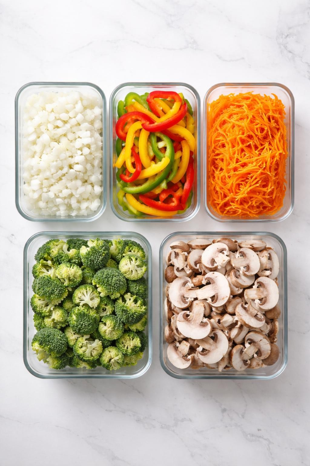 "Realistic top-down food photography of a set of clear glass containers on a white countertop. Each container holds a different chopped vegetable: diced onions, sliced bell peppers, shredded carrots, chopped broccoli, and sliced mushrooms. Bright natural light, clean and organized meal prep style, no people, no hands, no text, no watermarks."