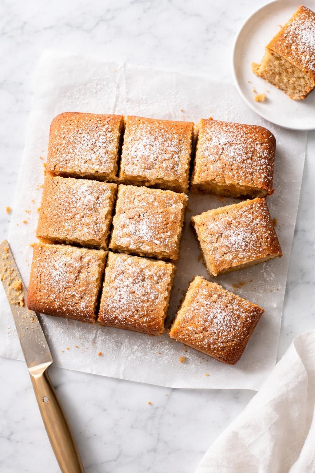 Image Prompt: Realistic top-down editorial food photography of a simple vegan banana cake on a white marble countertop, soft golden cake sliced into squares with a moist crumb, light dusting of powdered sugar, bright natural daylight, clean editorial baking styling, high detail, no people, no hands, no text, no watermarks, no props with writing.