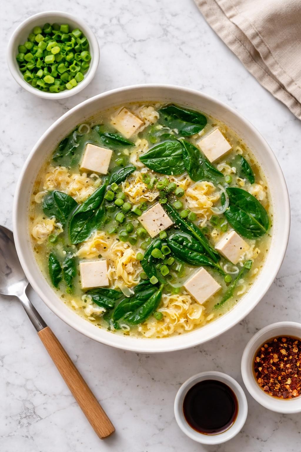 An overheard picture view of a plate of Simple Tofu and Spinach Egg Drop Soup sitting on a marble countertop table in the kitchen, professional food photography style.