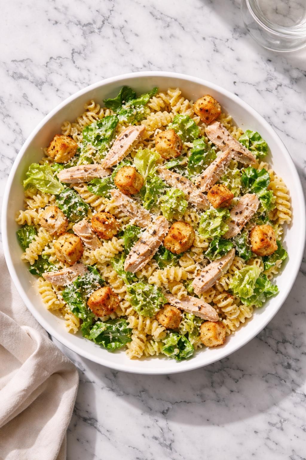 Image Prompt: Realistic top-down editorial food photography of Caesar pasta salad with rotisserie chicken in a simple white bowl on a white and gray marble countertop, rotini pasta tossed with chopped romaine, shredded rotisserie chicken, Caesar dressing, parmesan, and crunchy croutons, cozy homemade meal styling, bright natural daylight, soft shadows, no people, no hands, no text, no watermarks, no props with writing.