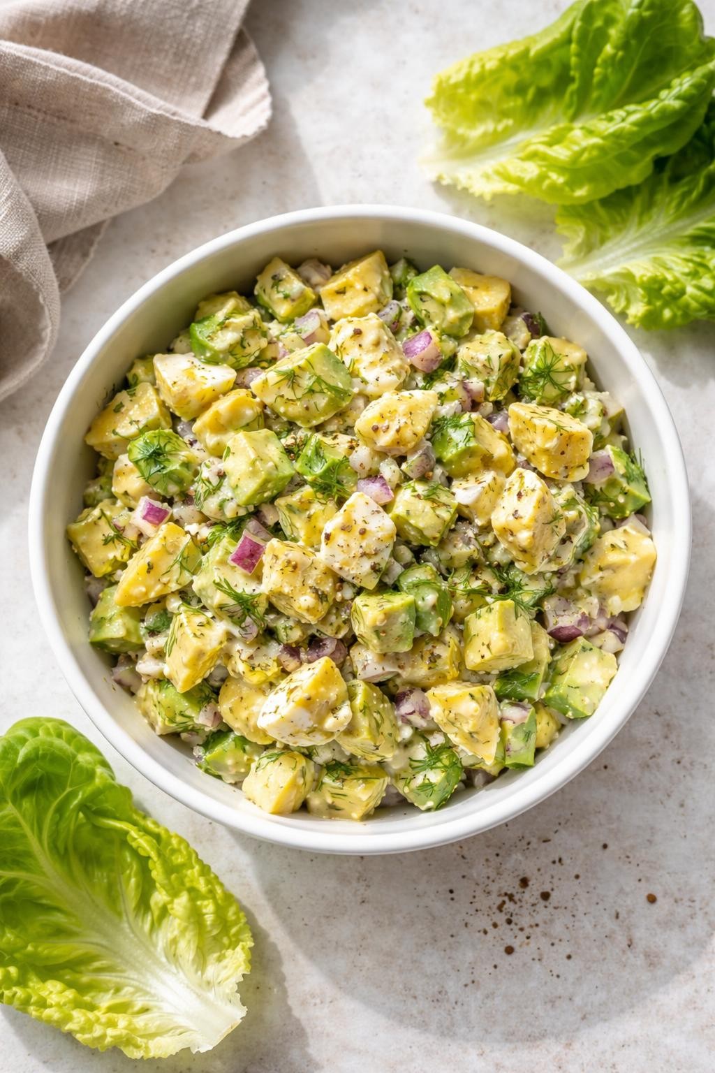 Photo prompt: Realistic top-down editorial food photography of a white bowl filled with chopped hard-boiled eggs, diced avocado, red onion, and a creamy mustard-dill dressing. A few lettuce leaves for scooping. Soft natural light, keto-friendly lunch box salad mood, no people, no hands, no text, no watermarks, no props with writing.
