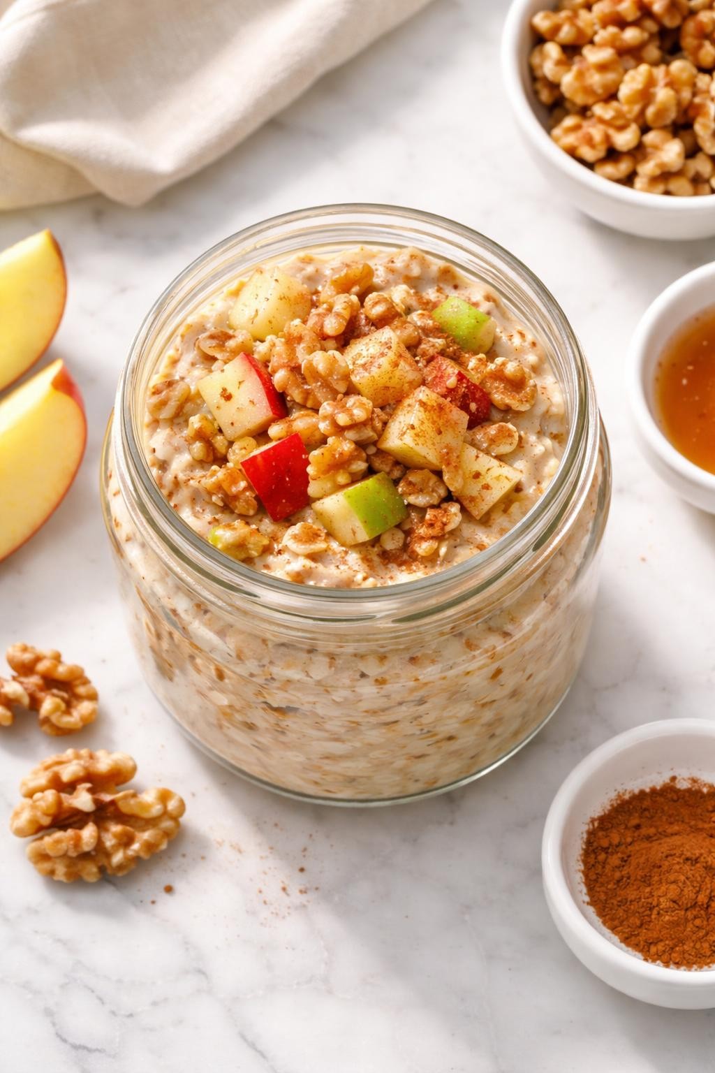 Image Prompt: Top-down realistic food photography of apple walnut overnight oats in a glass jar on a bright white marble countertop, creamy oats topped with chopped apples, walnuts, cinnamon, and a light drizzle of maple syrup, cozy homemade oil-free vegan breakfast styling, bright natural daylight, clean editorial composition, high detail, no people, no hands, no text, no watermarks, no props with writing.