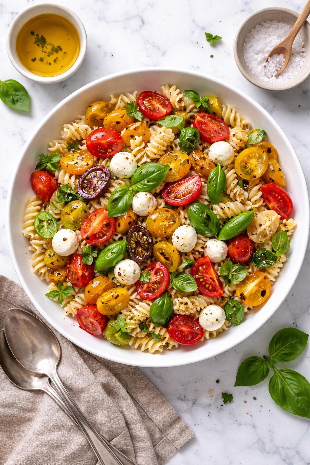 An overheard picture view of a plate of Heirloom Tomato Caprese Pasta Salad   sitting on a marble countertop table in the kitchen, professional food photography style.
