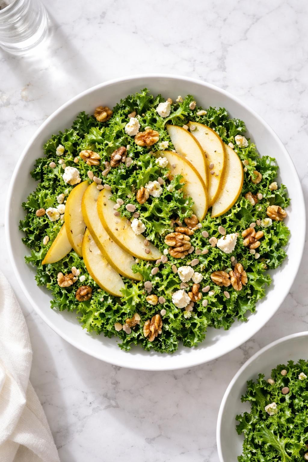 Image Prompt: Realistic top-down editorial food photography of a healthy kale and pear salad in a white bowl on a white marble countertop, chopped kale with pear slices, walnuts, and crumbled cheese, light vinaigrette, bright natural window lighting, fresh elegant salad styling, no people, no hands, no text, no watermarks, no props with writing.