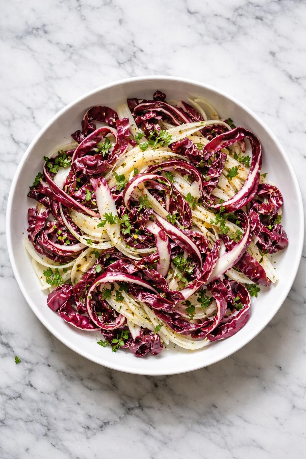 Image Prompt: Realistic top-down editorial food photography of a radicchio and fennel salad in a wide white bowl on a white and gray marble countertop, thin radicchio ribbons with shaved fennel, lemon dressing, parsley, and black pepper, bright natural window lighting, soft shadows, clean composition, high detail, realistic food texture, no people, no hands, no text, no watermarks, no props with writing.
