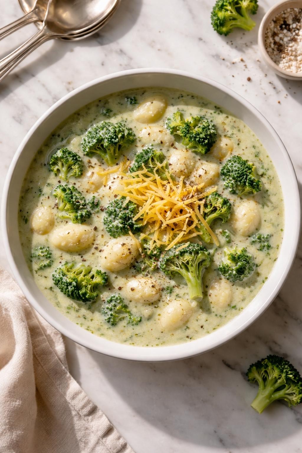 Image Prompt: Realistic top-down editorial food photography of creamy gnocchi broccoli soup in a white bowl on a clean marble countertop, creamy light green soup with broccoli florets and soft gnocchi, topped with black pepper and cheddar, cozy homemade comfort food mood, bright natural daylight, soft shadows, no people, no hands, no text, no watermarks, no props with writing.