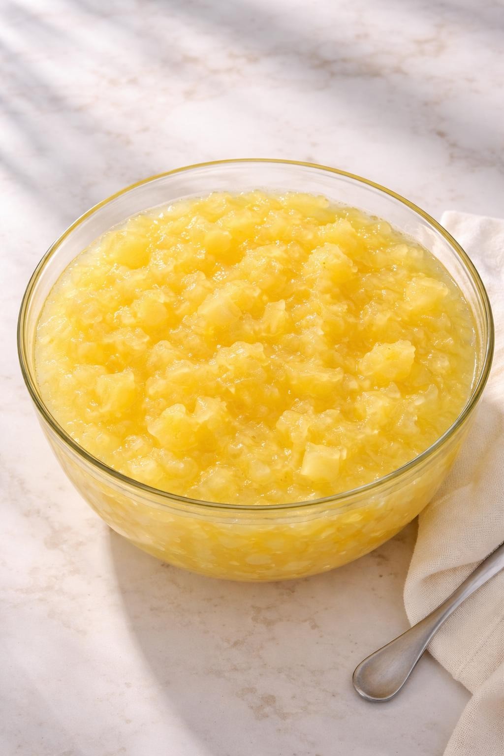 Image Prompt: Realistic top-down editorial food photography of lemon pineapple Jello salad in a clear glass bowl on a clean marble countertop, pale yellow gelatin salad with crushed pineapple throughout and a glossy chilled finish, bright natural window lighting, soft shadows, clean retro homemade styling, realistic texture, high detail, no people, no hands, no text, no watermarks, no props with writing.