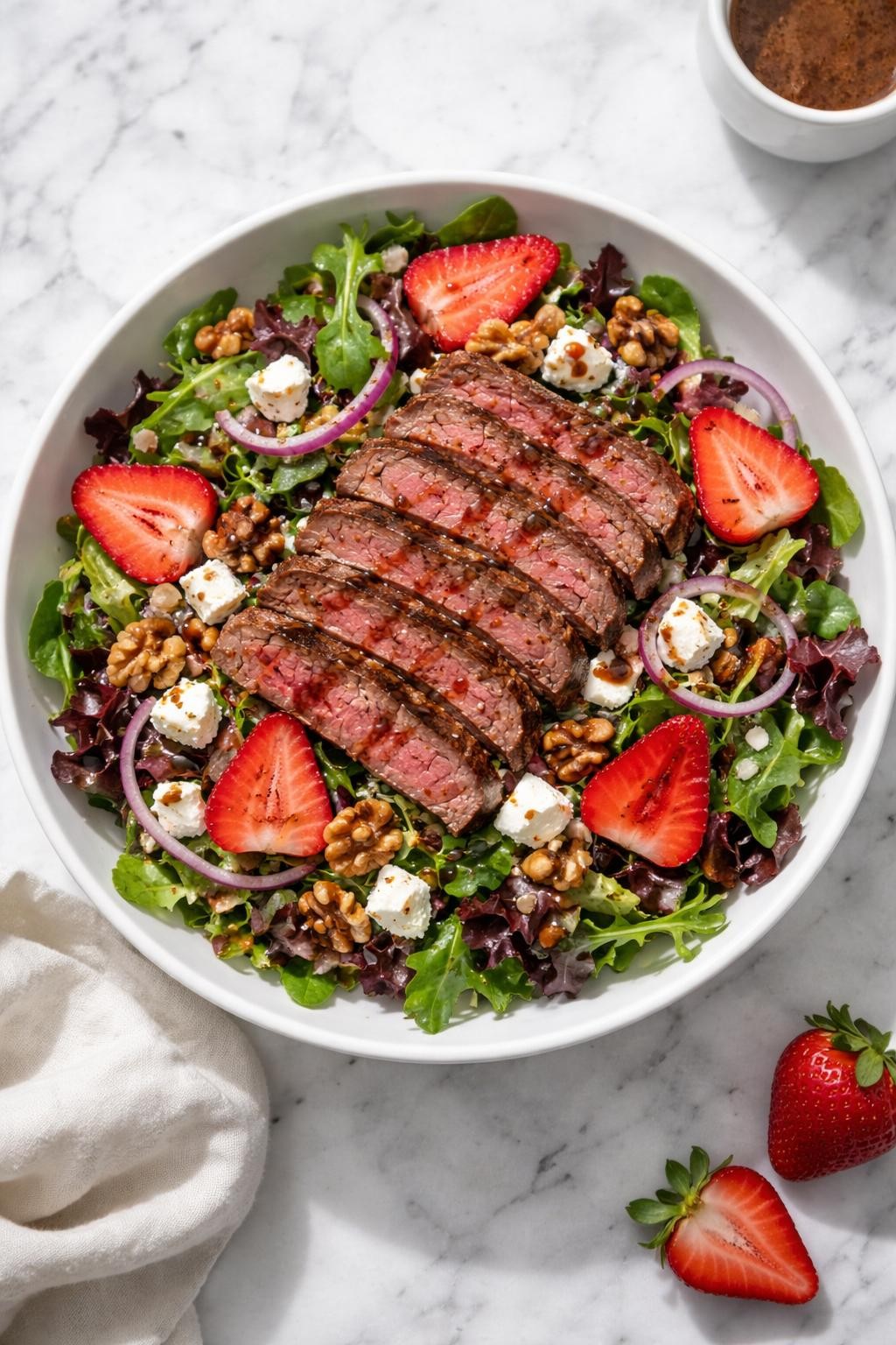 Image Prompt: Realistic top-down editorial food photography of a steak salad with strawberries and goat cheese in a shallow white bowl on a marble countertop, sliced steak over mixed greens with fresh strawberry slices, crumbled goat cheese, walnuts, red onion, and balsamic dressing, bright natural light, soft shadows, clean editorial food styling, high detail, realistic textures, no people, no hands, no text, no watermarks, no props with writing.