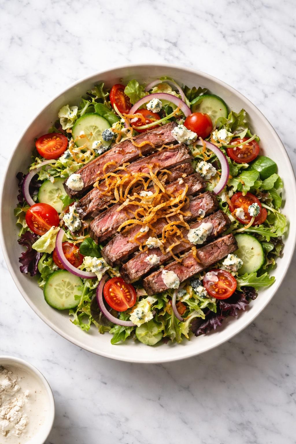 Image Prompt: Realistic top-down editorial food photography of a steak salad with blue cheese and crispy onions in a shallow neutral bowl on a white marble countertop, juicy sliced steak over mixed greens with cherry tomatoes, cucumber, thin red onion, blue cheese crumbles, and golden crispy fried onions scattered over the top, creamy dressing lightly drizzled, bright natural daylight, soft shadows, clean editorial plating, high detail, realistic food texture, no people, no hands, no text, no watermarks, no props with writing.