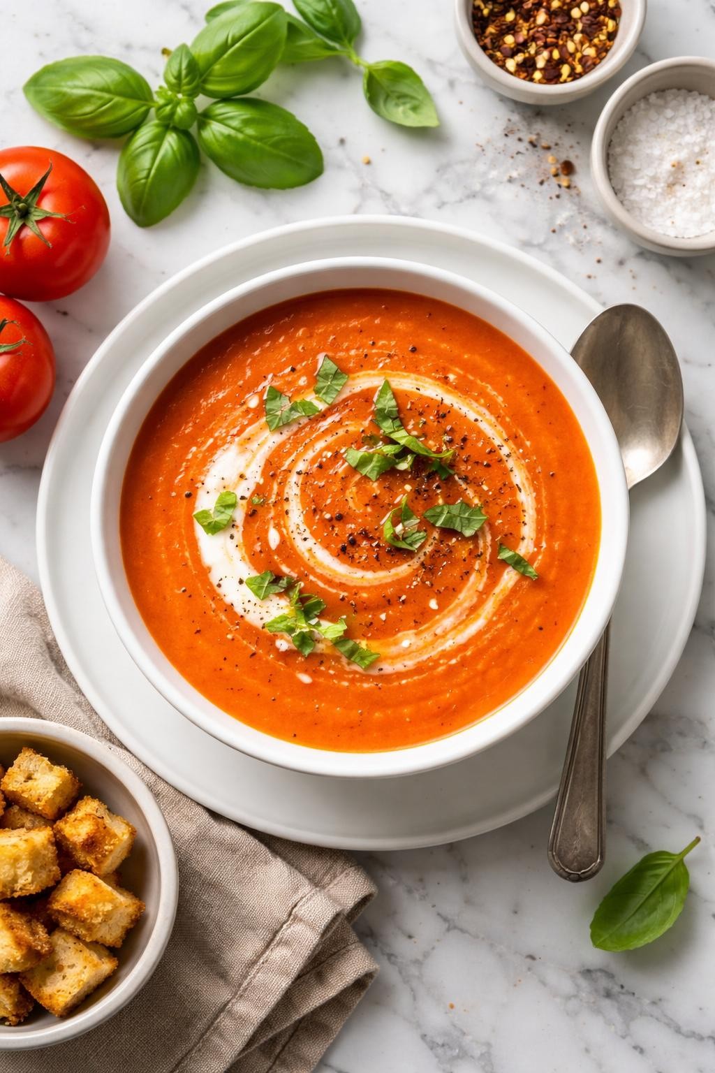 An overheard picture view of a plate of Classic Creamy Tomato Soup sitting on a marble countertop table in the kitchen, professional food photography style.