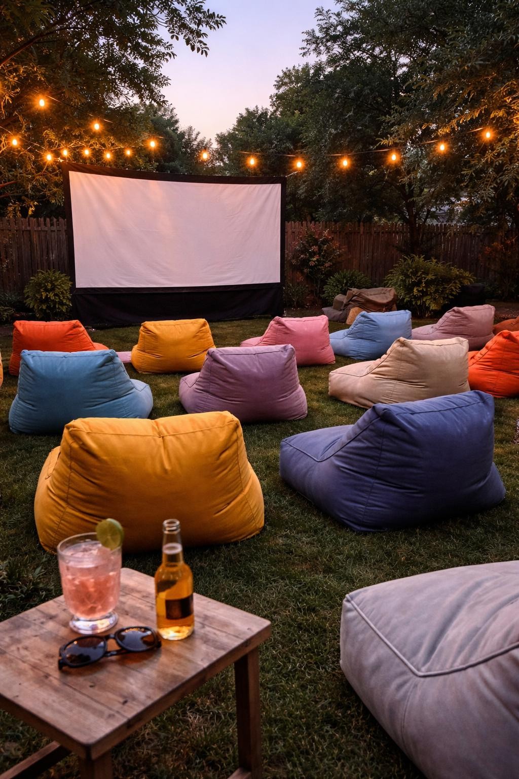 Photo of a backyard with rows of colorful bean bag chairs facing a movie screen, corner angle view at dusk, soft evening light, containing a small side table with drinks, iPhone photo quality.