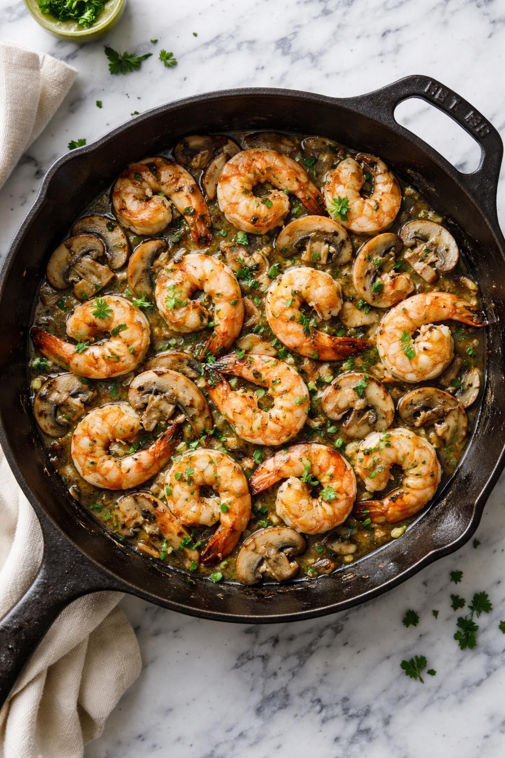 Image Prompt: Realistic top-down editorial food photography of Italian shrimp and mushroom skillet on a clean white and gray marble countertop, shrimp cooked with sliced mushrooms, garlic, butter, herbs, and parsley in a rustic skillet, bright natural daylight, cozy homemade dinner mood, no people, no hands, no text, no watermarks, no props with writing.