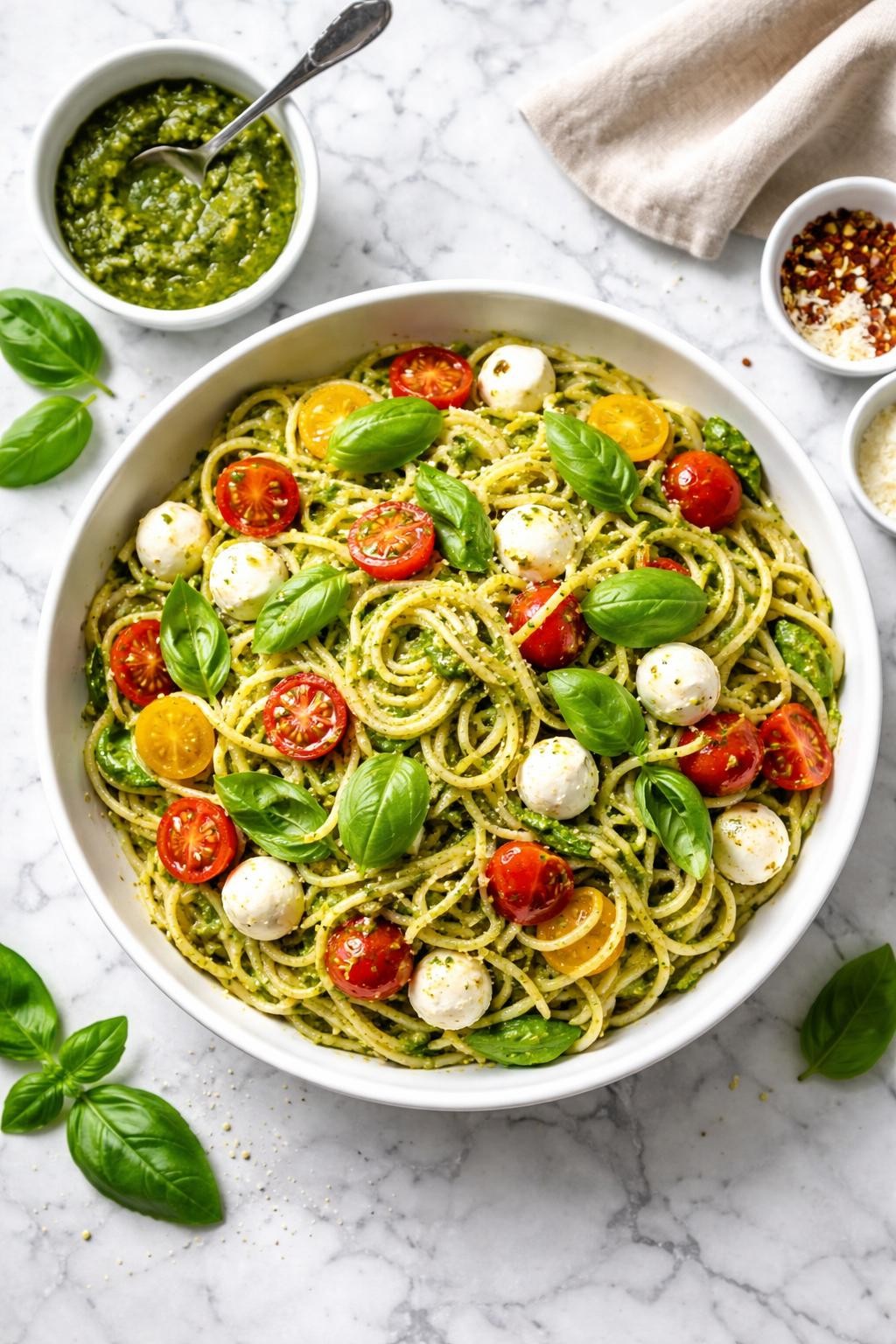 Image Prompt: Realistic top-down editorial food photography of a pesto noodle salad on a clean white and gray marble countertop, chilled noodles mixed with cherry tomatoes, mozzarella, fresh basil, and glossy green pesto in a shallow white bowl, fresh homemade lunch styling, bright natural window lighting, soft shadows, clean composition, high detail, realistic food texture, no people, no hands, no text, no watermarks, no props with writing.