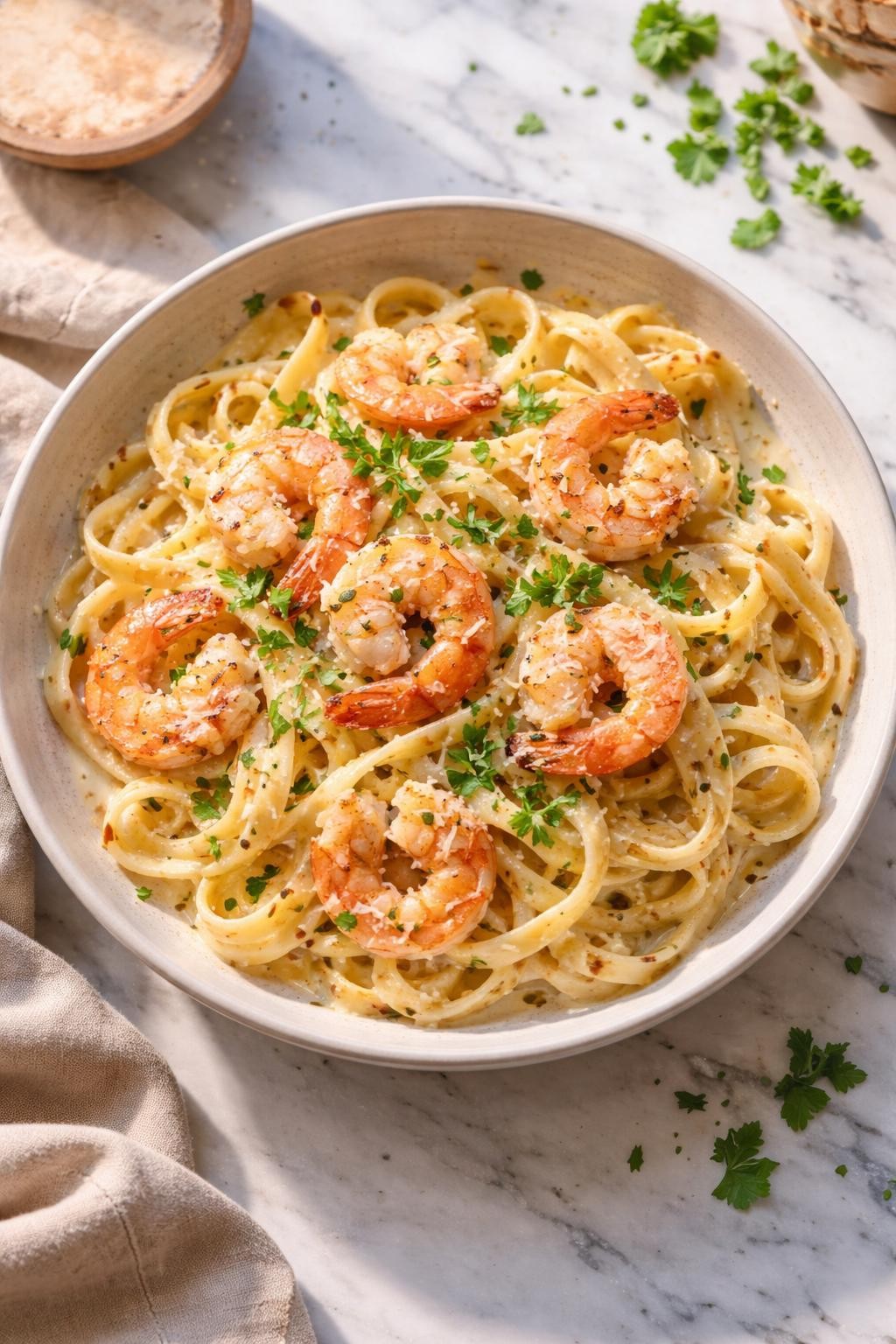 Image Prompt: Realistic top-down editorial food photography of Italian shrimp Alfredo pasta in a shallow bowl on a white marble countertop, fettuccine coated in a creamy parmesan sauce with tender shrimp and parsley on top, warm natural daylight, cozy pasta dinner mood, no people, no hands, no text, no watermarks, no props with writing.