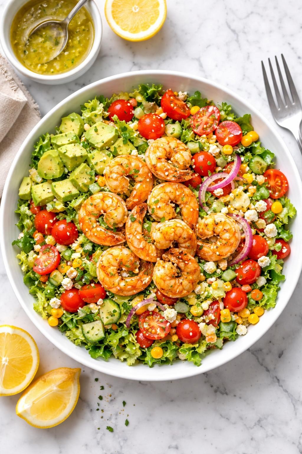 An overheard picture view of a plate of Chopped Salad with Lemon Garlic Shrimp and Avocado sitting on a marble countertop table in the kitchen, professional food photography style.