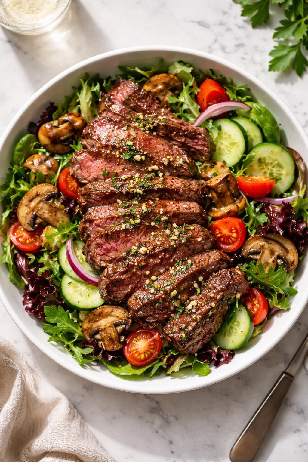 Image Prompt: Realistic top-down editorial food photography of a garlic butter steak salad in a shallow white bowl on a light marble countertop, sliced steak coated lightly in garlic butter over mixed greens with roasted mushrooms, tomatoes, and cucumbers, glossy finish on the steak, warm homemade dinner mood, bright natural daylight, soft shadows, high detail, realistic food texture, no people, no hands, no text, no watermarks, no props with writing.