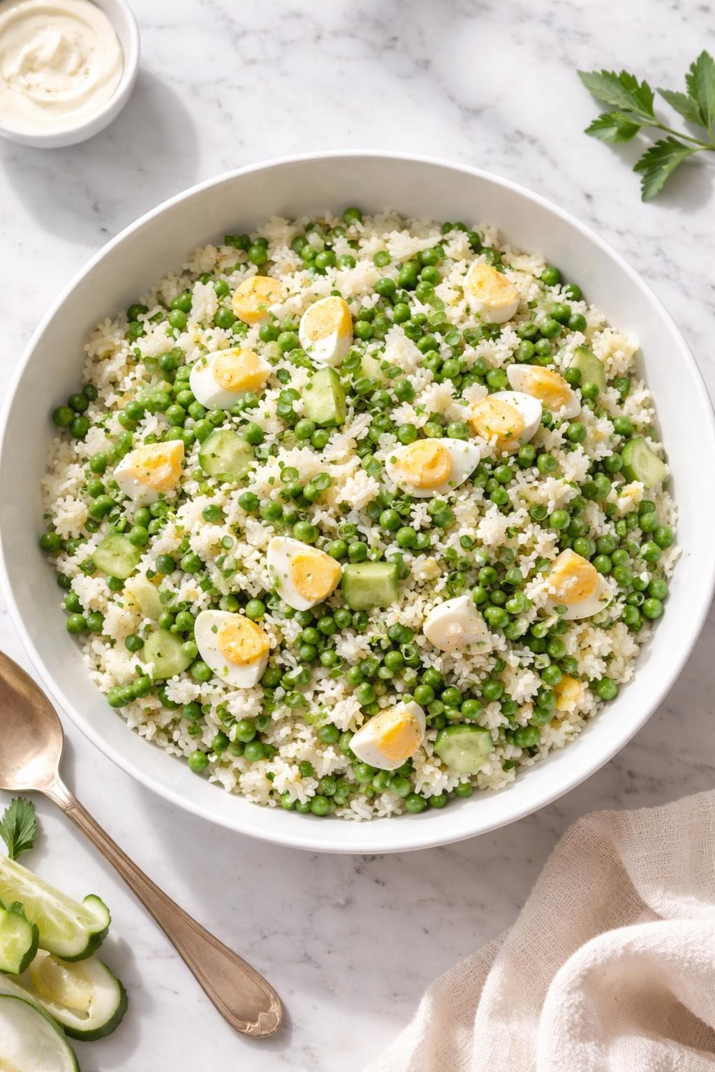 Image Prompt: Realistic top-down editorial food photography of a rice salad with egg and peas in a wide white bowl on a light marble countertop, fluffy rice mixed with green peas, chopped hard-boiled eggs, cucumber, and a light creamy dressing, bright natural daylight, soft shadows, clean homemade food styling, high detail, realistic textures, no people, no hands, no text, no watermarks, no props with writing.