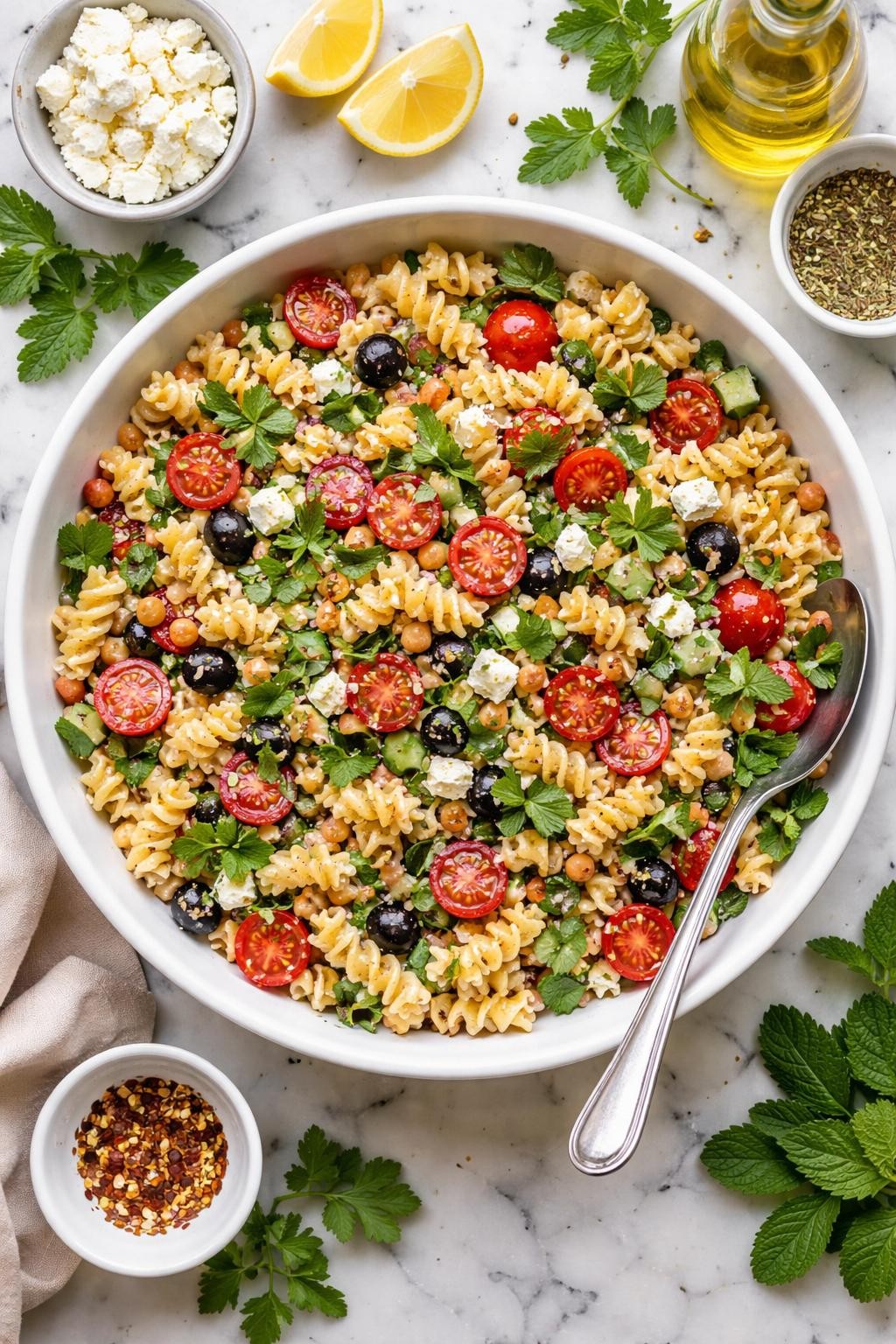 An overheard picture view of a plate of Mediterranean Pasta Salad with Mint and Parsley sitting on a marble countertop table in the kitchen, professional food photography style.