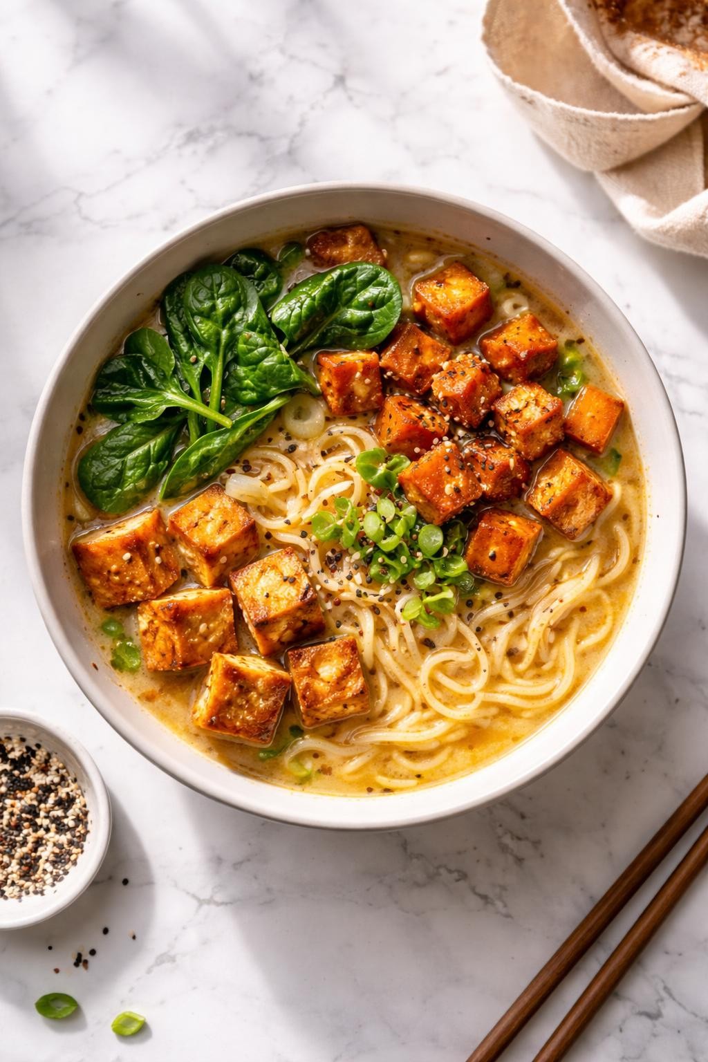 Image Prompt: Realistic top-down editorial food photography of a bowl of sweet potato vegan ramen on a clean white and gray marble countertop, filled with ramen noodles, lightly creamy golden broth, roasted sweet potato cubes, spinach, tofu, green onions, and sesame seeds, cozy homemade fall-style dinner mood, bright natural window lighting, soft shadows, clean composition, high detail, realistic food texture, no people, no hands, no text, no watermarks, no props with writing.