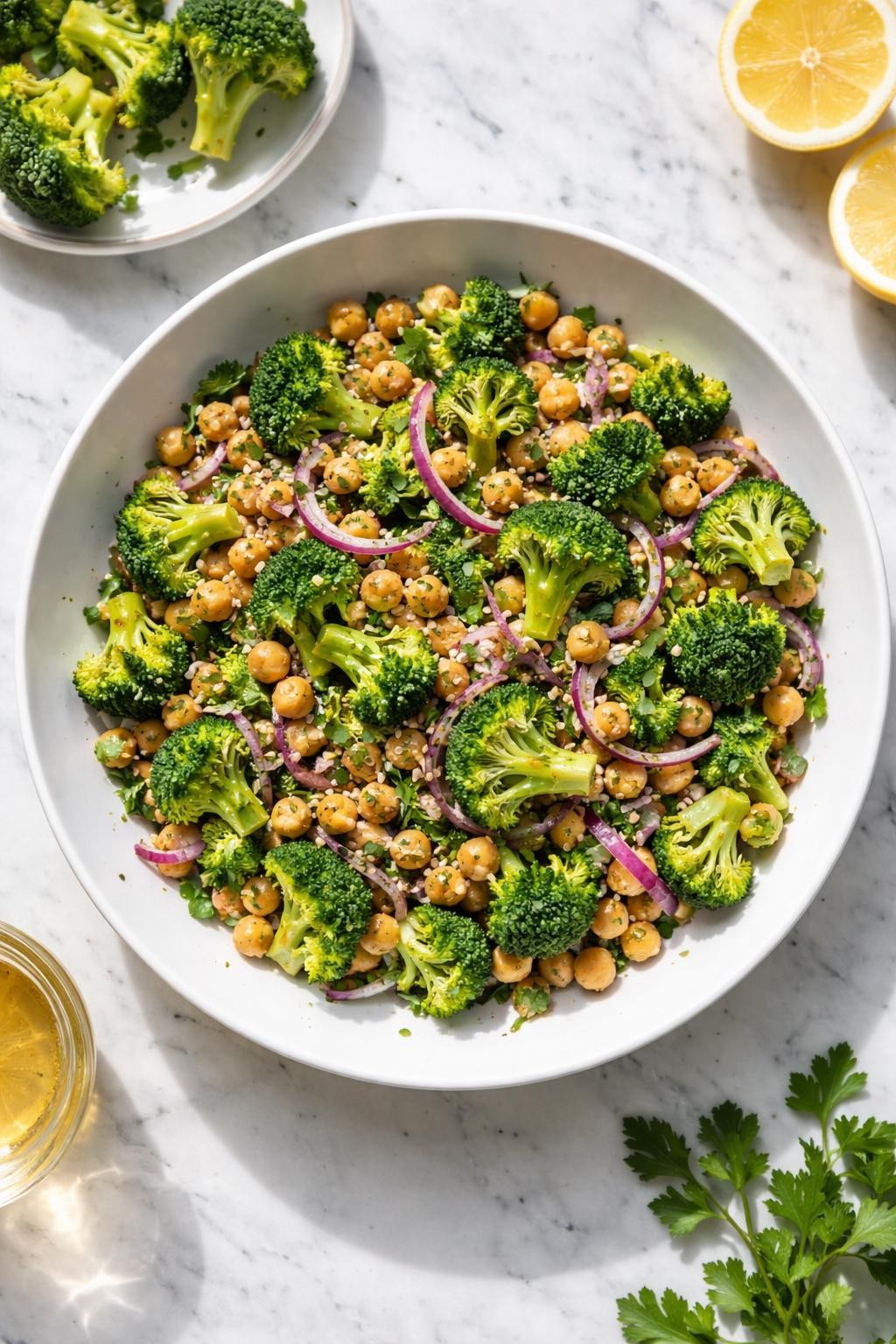 Image Prompt: Realistic top-down editorial food photography of a vegan broccoli and chickpea salad in a wide white bowl on a clean marble countertop, chopped broccoli, chickpeas, red onion, and lemon dressing, fresh easy lunch mood, bright natural light, clean editorial styling, no people, no hands, no text, no watermarks, no props with writing.