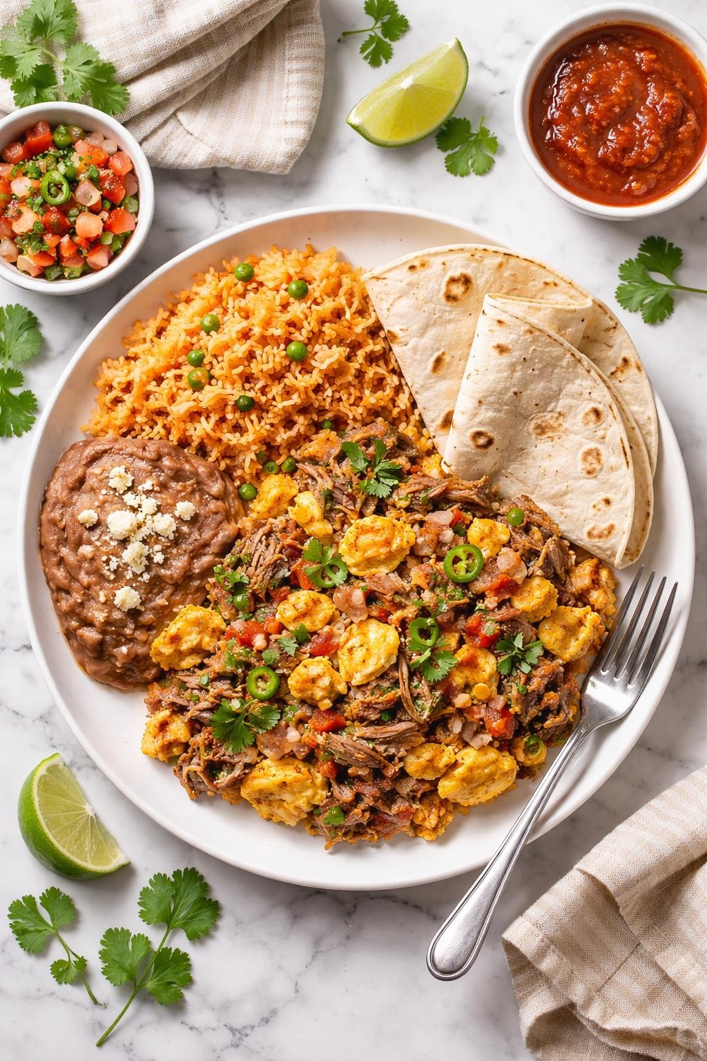 An overheard picture view of a plate of Machaca con Huevos   sitting on a marble countertop table in the kitchen, professional food photography style.
