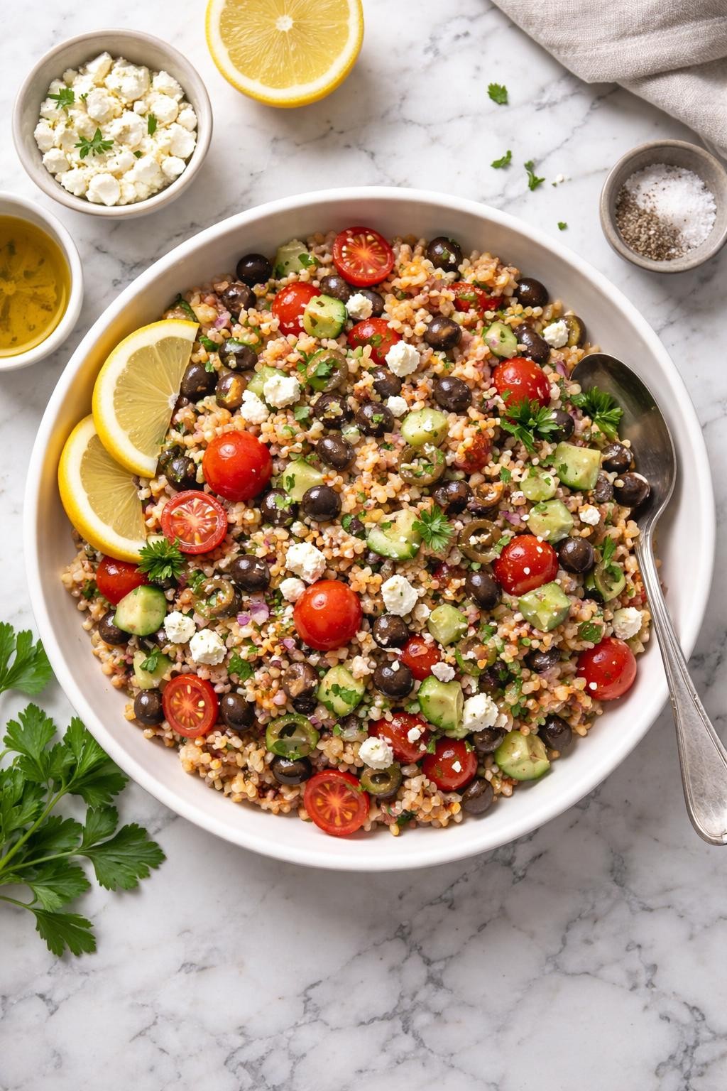 An overheard picture view of a plate of Farro Mediterranean Salad (Grain-Based Version) sitting on a marble countertop table in the kitchen, professional food photography style.