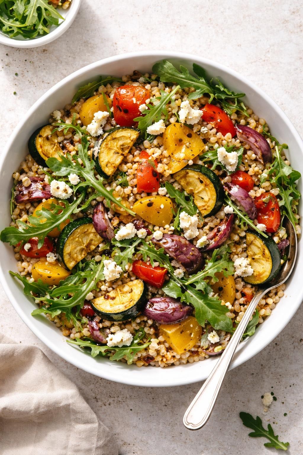 Photo prompt: Realistic top-down editorial food photography of a white bowl filled with pearl barley, roasted zucchini, bell peppers, red onion, and crumbled goat cheese, all tossed in a balsamic vinaigrette. Fresh arugula mixed in. Bright natural light, chewy and hearty lunch box grain salad mood, no people, no hands, no text, no watermarks, no props with writing.