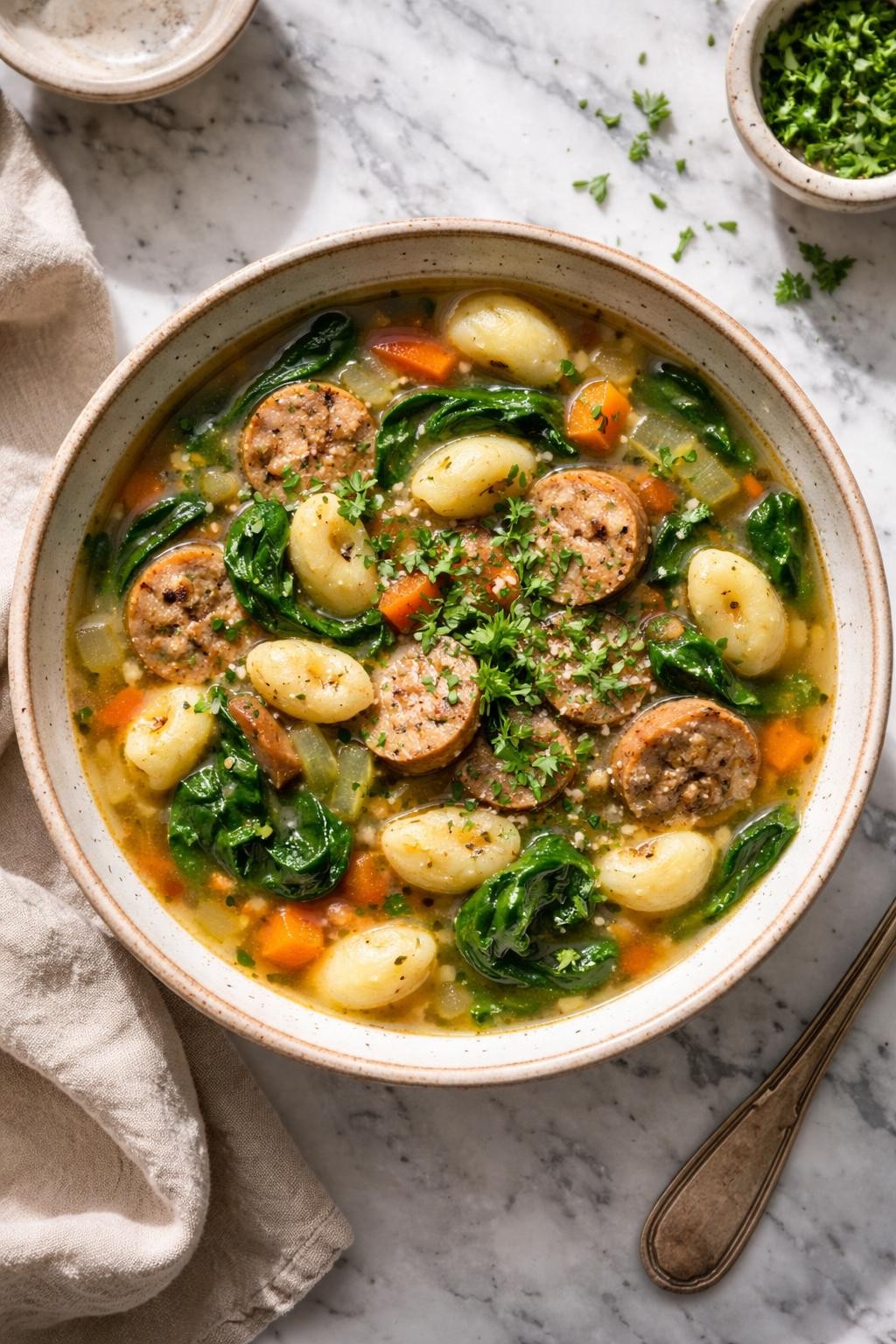 Image Prompt: Realistic top-down editorial food photography of turkey sausage gnocchi soup in a rustic bowl on a white and gray marble countertop, savory broth with turkey sausage slices, soft gnocchi, spinach, and herbs, cozy homemade styling, bright natural light, soft shadows, no people, no hands, no text, no watermarks, no props with writing.
