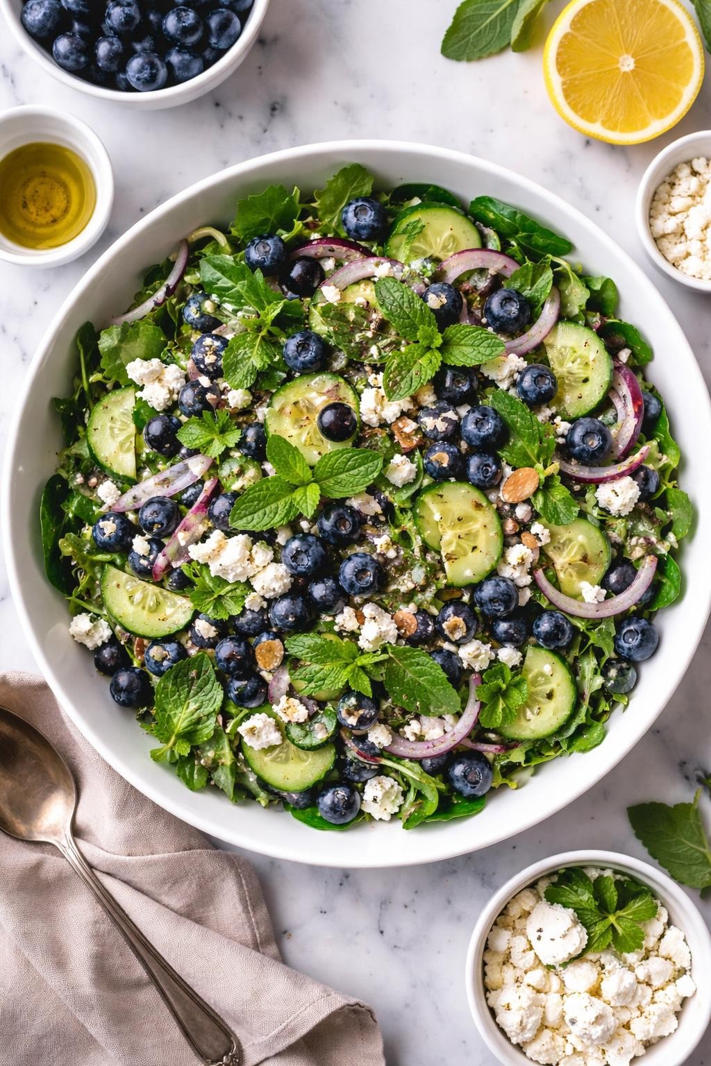 An overheard picture view of a plate of Blueberry Feta Salad with Cucumber and Mint sitting on a marble countertop table in the kitchen, professional food photography style.