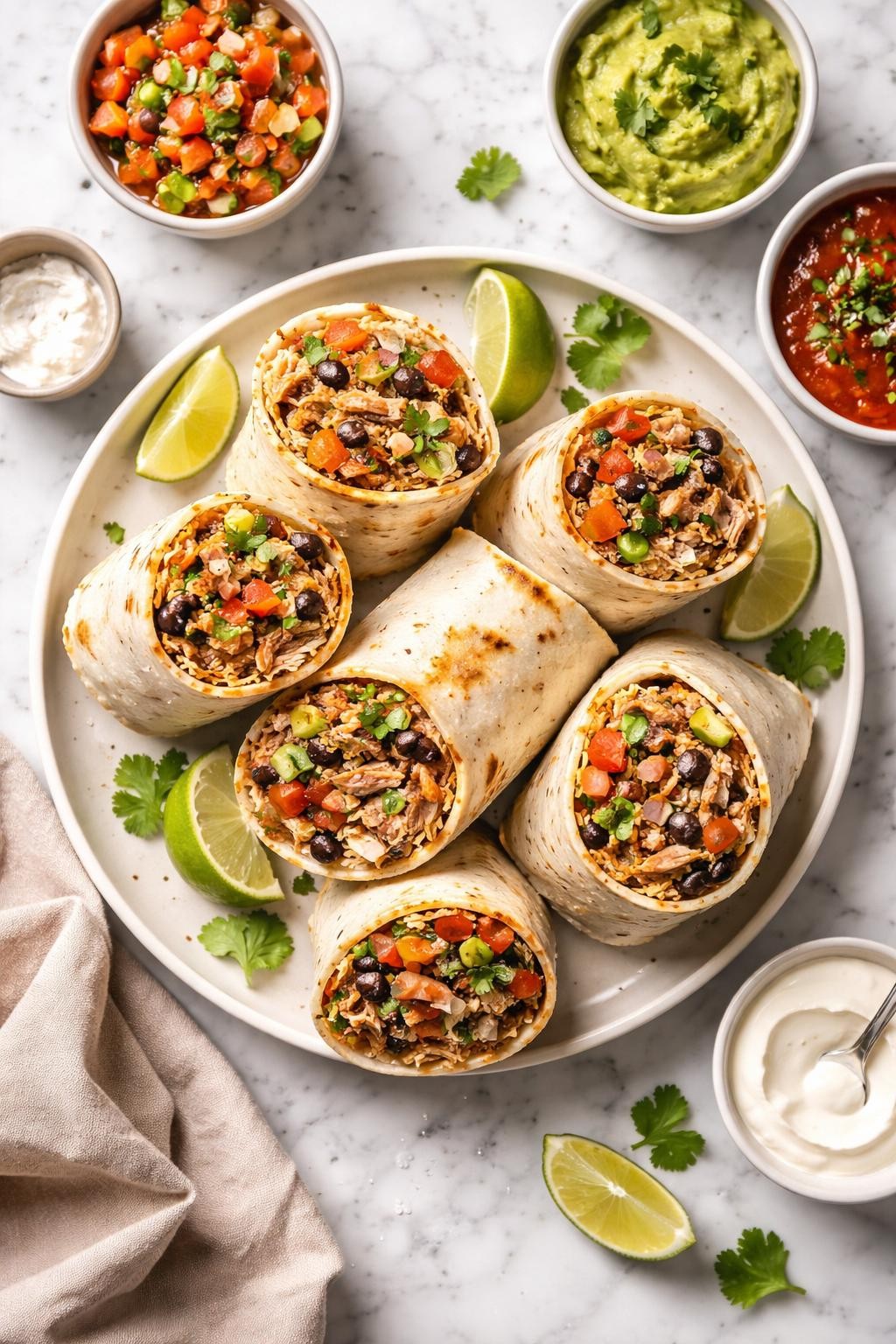 An overheard picture view of a plate of Carnitas Burritos sitting on a marble countertop table in the kitchen, professional food photography style.
