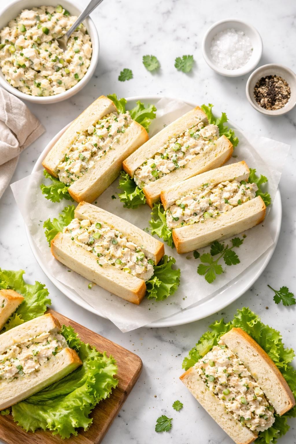 Prompt: Top-down realistic editorial food photography of rotisserie chicken salad sandwiches on a clean light marble countertop, soft sandwich bread filled with creamy chicken salad made with shredded chicken, celery, and herbs, cut into halves with filling visible, fresh homemade lunch mood, bright natural window light, soft shadows, clean composition, high detail, realistic food texture, no people, no hands, no text, no watermarks, no props with writing.