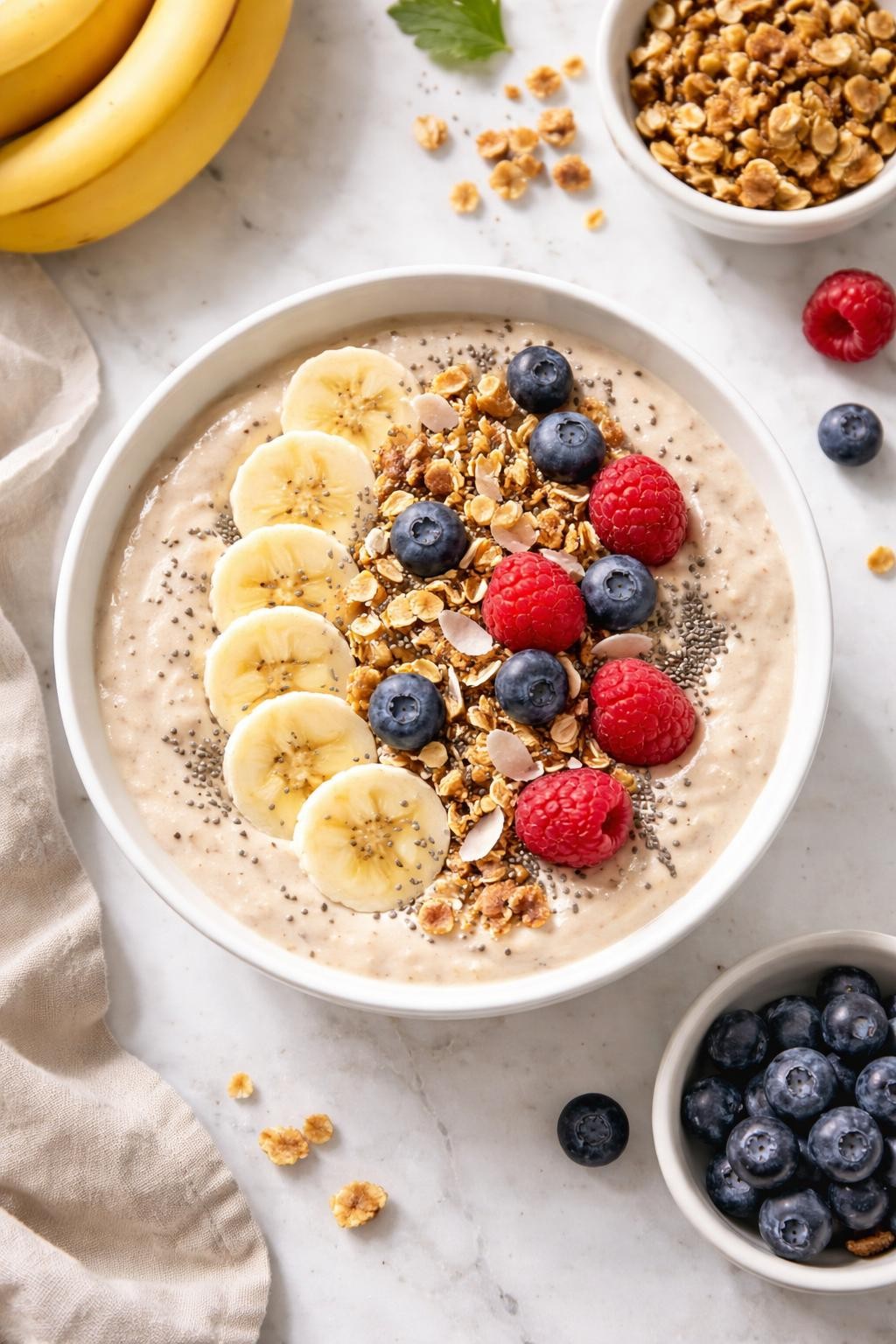 Image Prompt: Realistic top-down editorial food photography of a vegan banana smoothie bowl in a white ceramic bowl on a clean marble countertop, thick creamy banana smoothie topped with sliced bananas, granola, chia seeds, and berries, bright natural daylight, fresh healthy breakfast styling, no people, no hands, no text, no watermarks, no props with writing.