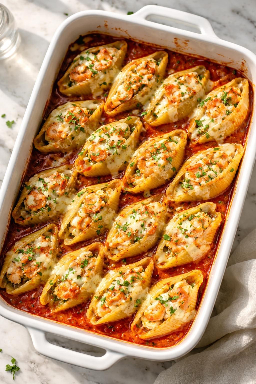 Image Prompt: Realistic top-down editorial food photography of Italian shrimp stuffed shells in a white baking dish on a clean marble countertop, pasta shells filled with chopped shrimp, ricotta, herbs, marinara, and melted mozzarella, warm natural daylight, cozy homemade baked pasta mood, no people, no hands, no text, no watermarks, no props with writing.