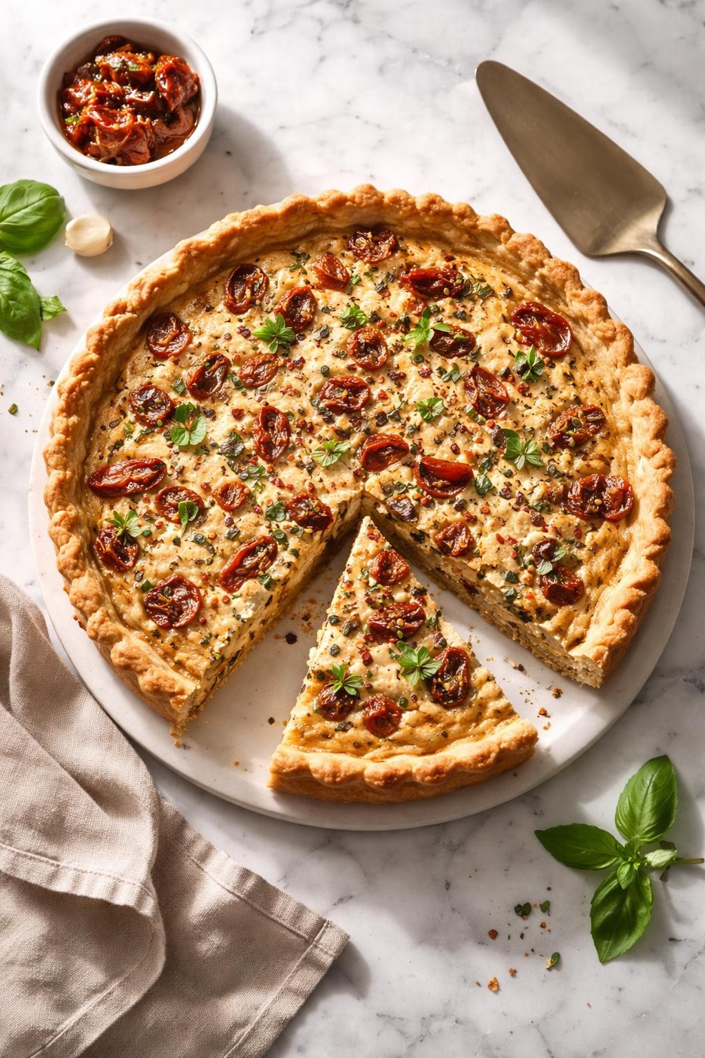 Image Prompt: Top-down realistic editorial food photography of a homemade vegan sun-dried tomato quiche on a clean white and gray marble countertop, flaky crust filled with creamy tofu quiche filling and small pieces of sun-dried tomato, one slice removed to show the rich savory interior, warm elegant brunch mood, bright natural window lighting, soft shadows, high detail, no people, no hands, no text, no watermarks, no props with writing.