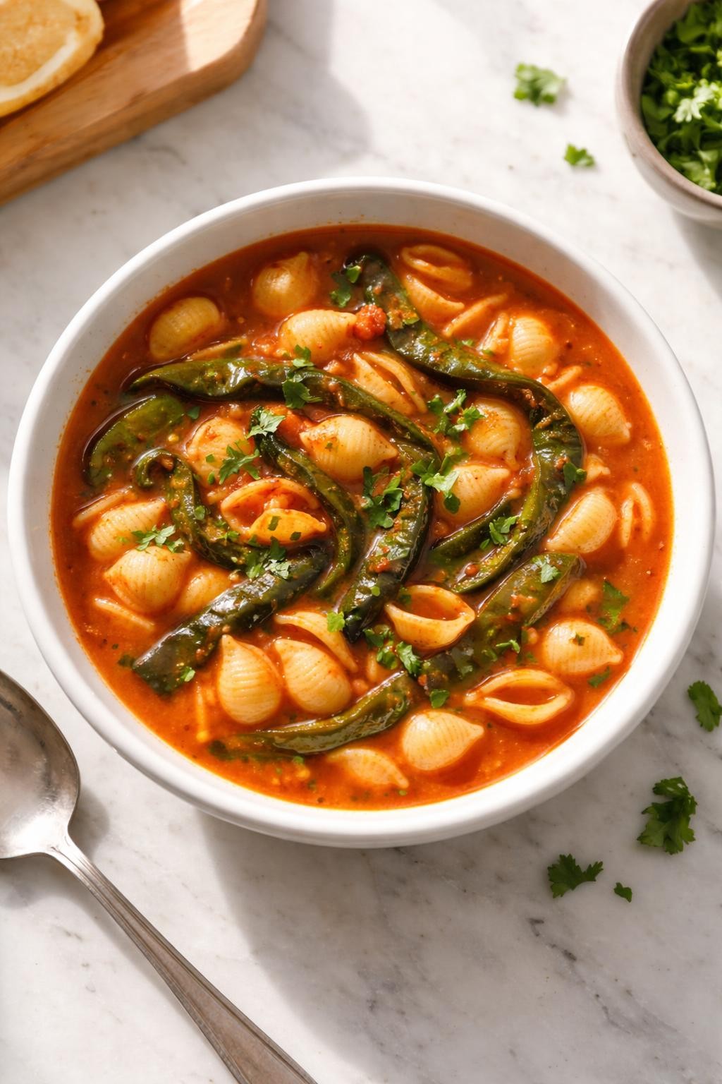 Image Prompt: Realistic top-down editorial food photography of Mexican sopita with roasted poblano in a bowl on a clean marble countertop, shell pasta in red tomato broth with strips of roasted poblano pepper and cilantro garnish, bright natural daylight, warm homemade comfort food mood, no people, no hands, no text, no watermarks, no props with writing.